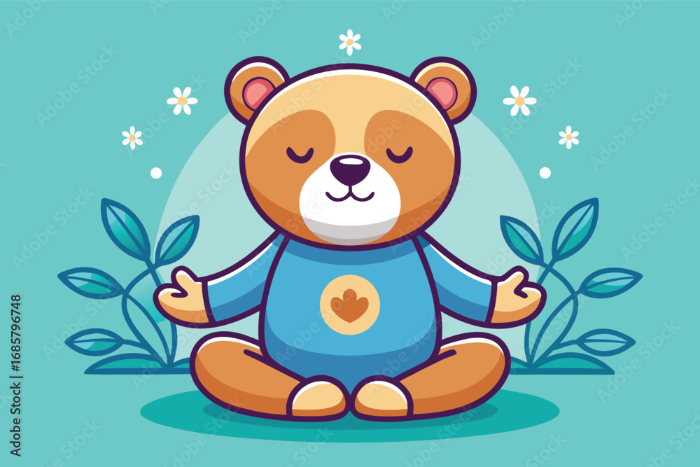 Obraz premium Cute cartoon bear meditating in a peaceful garden setting with plants and flowers