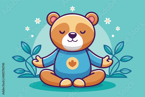 Cute cartoon bear meditating in a peaceful garden setting with plants and flowers