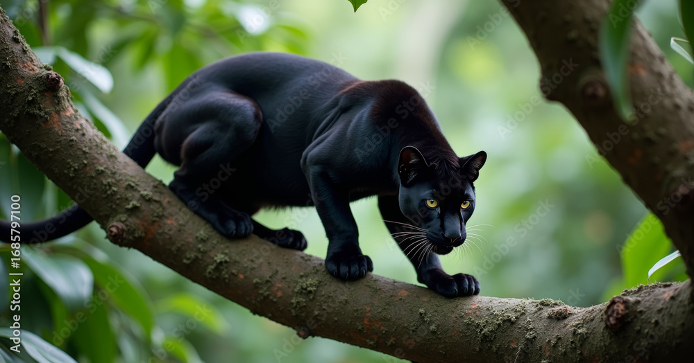 Obraz premium A black panther crouched on a low tree branch in rainforest