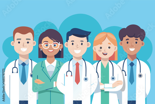 Medical professionals smiling together against a light blue background during a team meeting