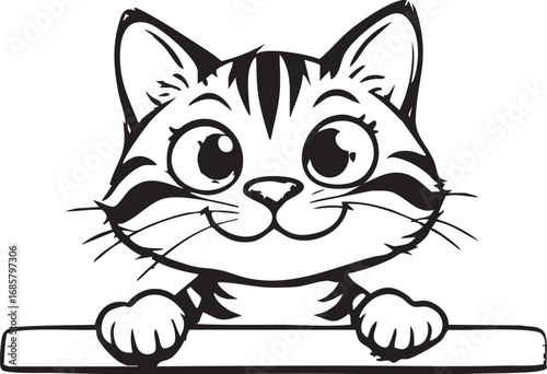 Smiling cute cat peeking over a line drawing

