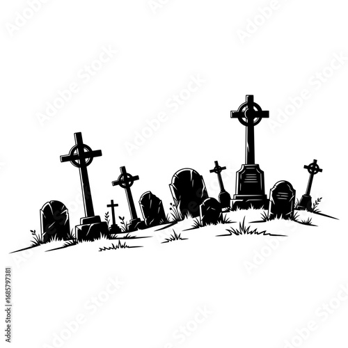 Vector art of silhouette of a graveyard with tombstones and crosses