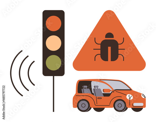 Autonomous car responding to traffic light signals and hazard alert. Focus on road safety, AI, and transportation. Ideal for smart technology, driving automation, safety innovations, road systems