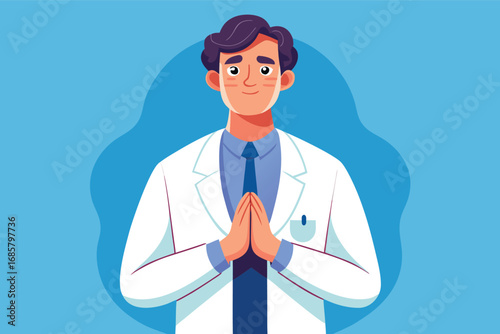 Medical professional in white coat gestures with hands in prayer position indoors
