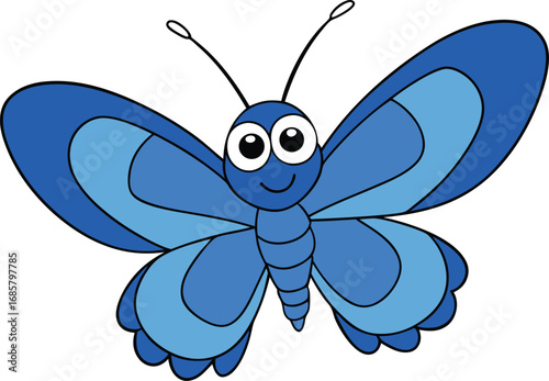 Blue Cartoon Butterfly With Big Eyes And Smiling Face