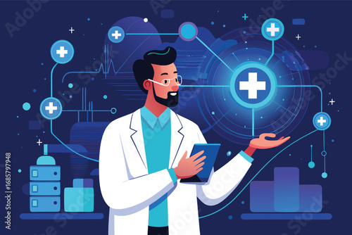 Healthcare professional presenting digital medical innovations in a modern setting