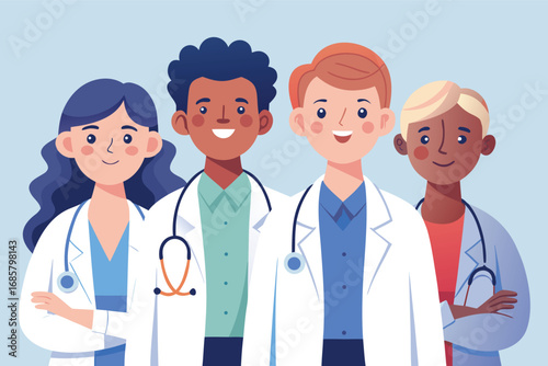 Diverse group of healthcare professionals smiling together in a clinical setting