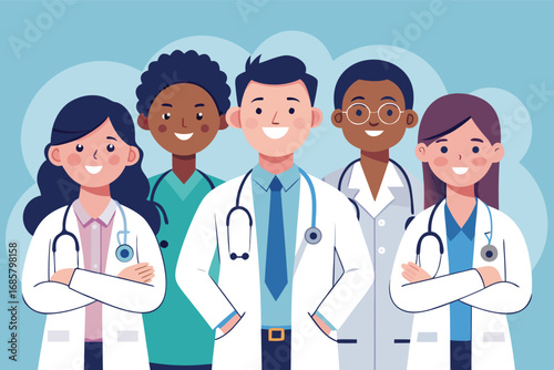 Healthcare professionals standing together in a bright and cheerful environment