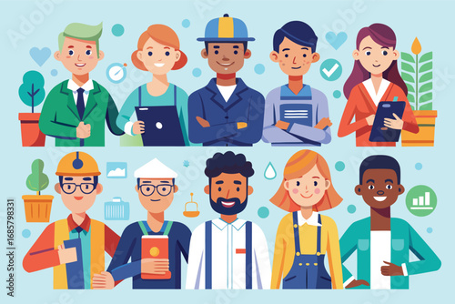 Diverse group of professionals showcasing various occupations and teamwork in a vibrant setting