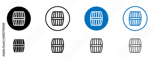 Wooden barrel icons set in black and blue colors on white background