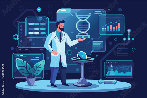 Scientist conducting research in a modern lab focused on genetic analysis and data visualization
