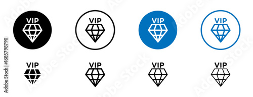 VIP icons set in black and blue colors on white background