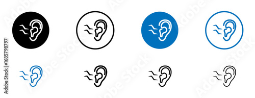 Tinnitus awareness icons set in black and blue colors on white background