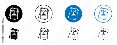 Stack of bills icons set in black and blue colors on white background