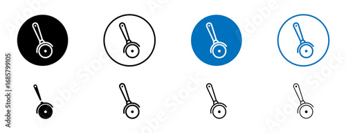 Slicer pizza icons set in black and blue colors on white background