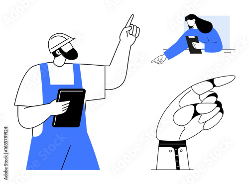 Worker in safety wear holding clipboard, pointing professional woman, mechanical hand gesture. Ideal for teamwork, instruction, technology, guidance, collaboration, innovation simple landing page