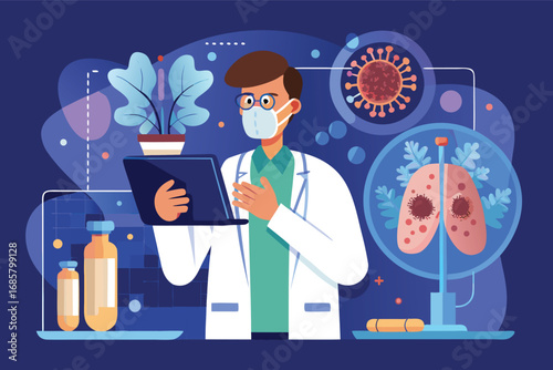 Scientist analyzing data on health and respiratory systems in a medical setting