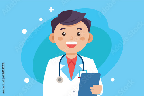 Friendly doctor presenting with clipboard against colorful background in a cheerful setting