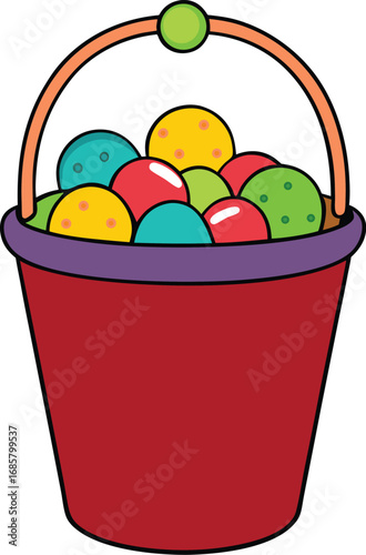 Red Easter Bucket Filled With Colorful Eggs Keywords: easter, bucket, eggs, colorful, red
