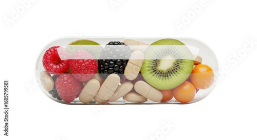 Photos Isolated multivitamin supplement capsule filled with fruits and beige pills, hea