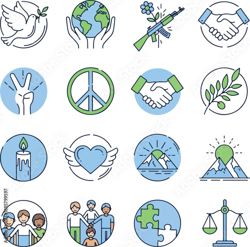 Set of 12 Icons Representing Unity, Human Rights, and Conflict Resolution