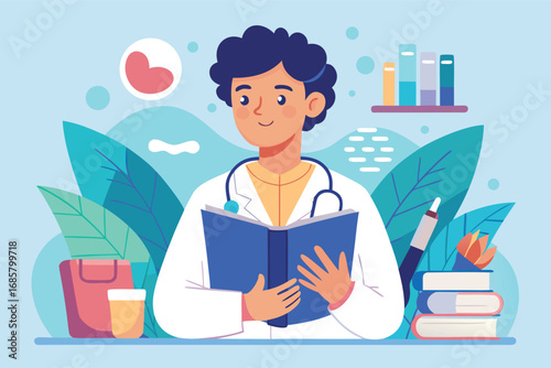 Young medical professional reading a book surrounded by plants and educational materials