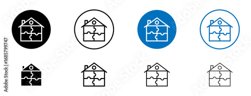 Modular house icons set in black and blue colors on white background