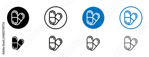 Medicine of pills and capsules icons set in black and blue colors on white background
