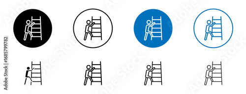 Man climbing icons set in black and blue colors on white background