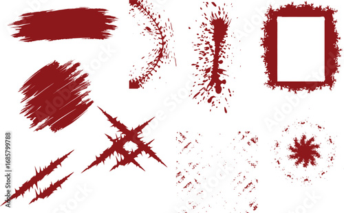 paint flowing down on transparent background. Halloween, murder and horror concept. Red ink splash, splatter and stain, Blood spatters realistic bloodstain patterns set
