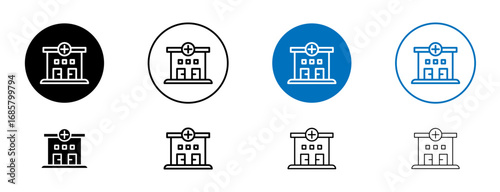 Medical center icons set in black and blue colors on white background
