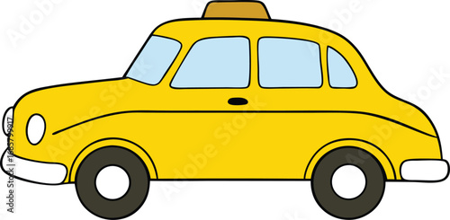 Yellow cartoon taxi cab side view transportation vehicle