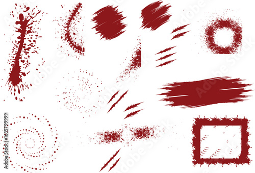 Red Splatter Diverse brushstrokes. Vector Chinese red ink lines pack. frame, Claws marks. Bloody color painted brushstroke text highlights, frames, circles. Rough grunge abstract smear scribbles.