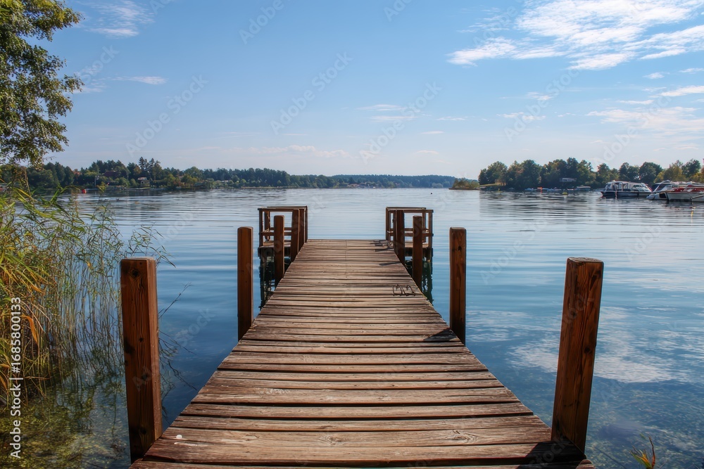 Fototapeta premium Stunning waterfront pier overlooking a serene lake with small boats on a bright sunny day