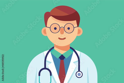 Friendly doctor wearing glasses and a stethoscope in a bright green background