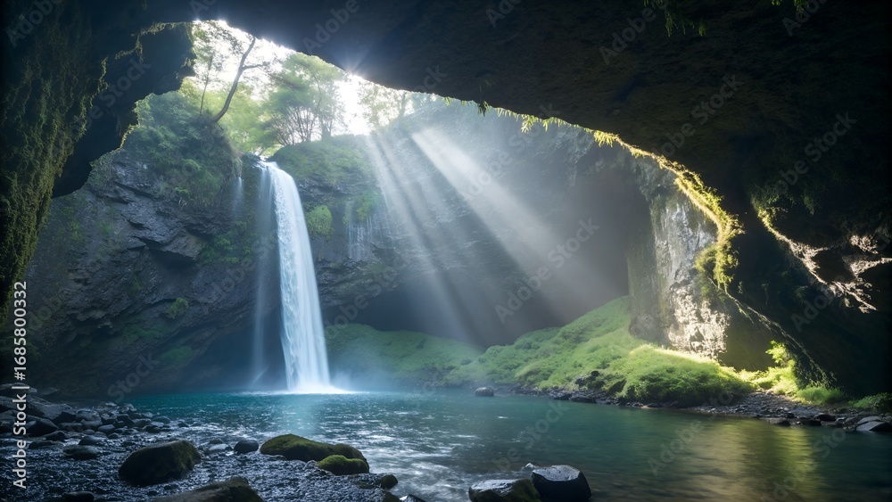 Naklejka premium Mystical waterfall inside a cave opening, lit with ethereal beams of sunlight
