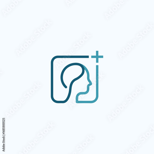 Medical Mental Health Logo with Human Head Profile and Brain Outline in Square Frame with Plus Sign, Minimalist Healthcare Vector Symbol for Psychology, Therapy, Neurology, Clinic nd Wellness Branding
