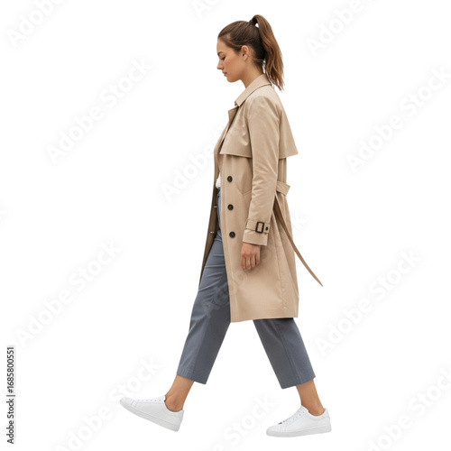 Young woman walking in a beige trench coat and grey pants, isolated on transparent background