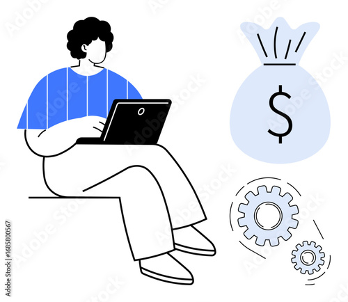 Person with laptop seated next to dollar bag and gears symbolizing productivity, income, and ideas. Ideal for entrepreneurship, fintech, remote work, investment, strategy, innovation simple flat