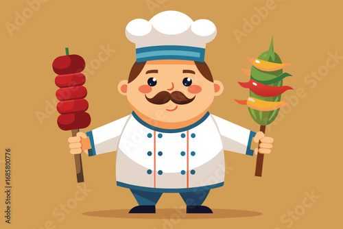 Chef holding skewers of vegetables and meat in a colorful kitchen setting