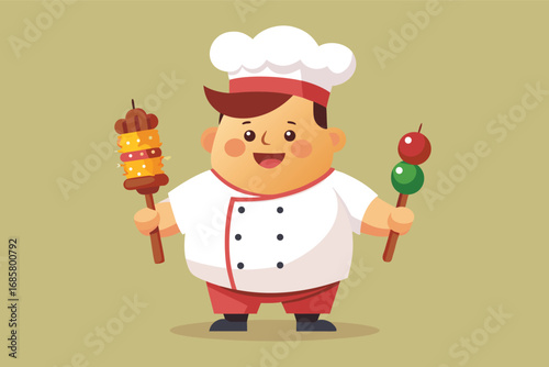 Cook holding skewers of food with a cheerful expression in a simple setting