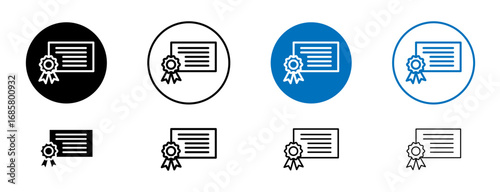 Certificate icons set in black and blue colors on white background