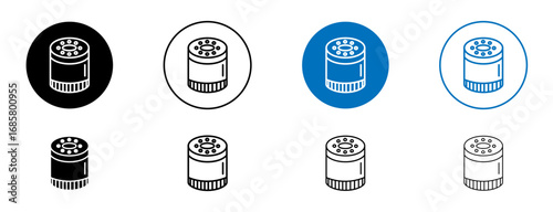 Car oil filter icons set in black and blue colors on white background