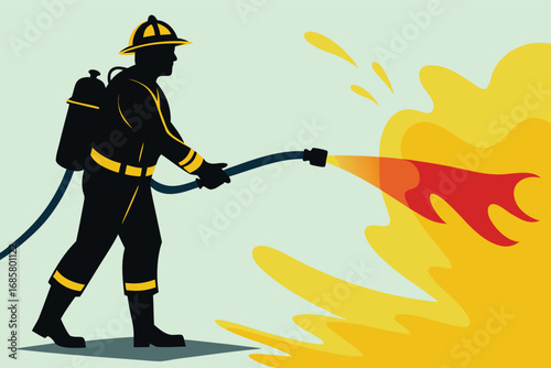 Firefighter battling flames with hose during fire emergency response effort