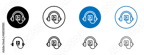 Audiobook icons set in black and blue colors on white background