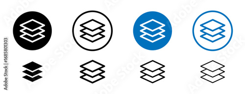 3 Layer icons set in black and blue colors on white background