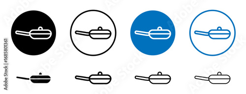 Frying pan icons set in black and blue colors on white background
