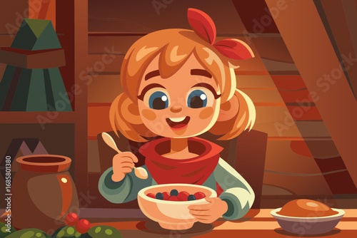 Child with a bright bow trying homemade yogurt with berries, joyful expression