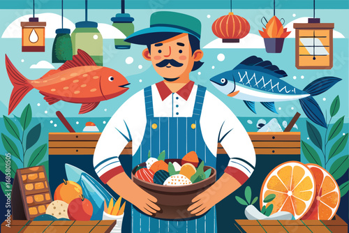 Fresh seafood and vibrant produce on display at a market with a smiling vendor