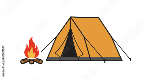 Camping tent and campfire icon in flat style for outdoor adventure themes